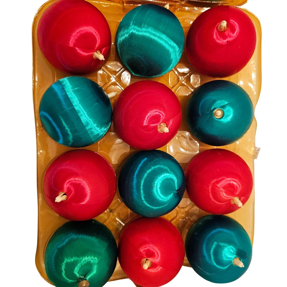 Vintage Satin Silk Wrapped Christmas Ornaments Red Green 24pc 2.5 Inch MCM Decor
